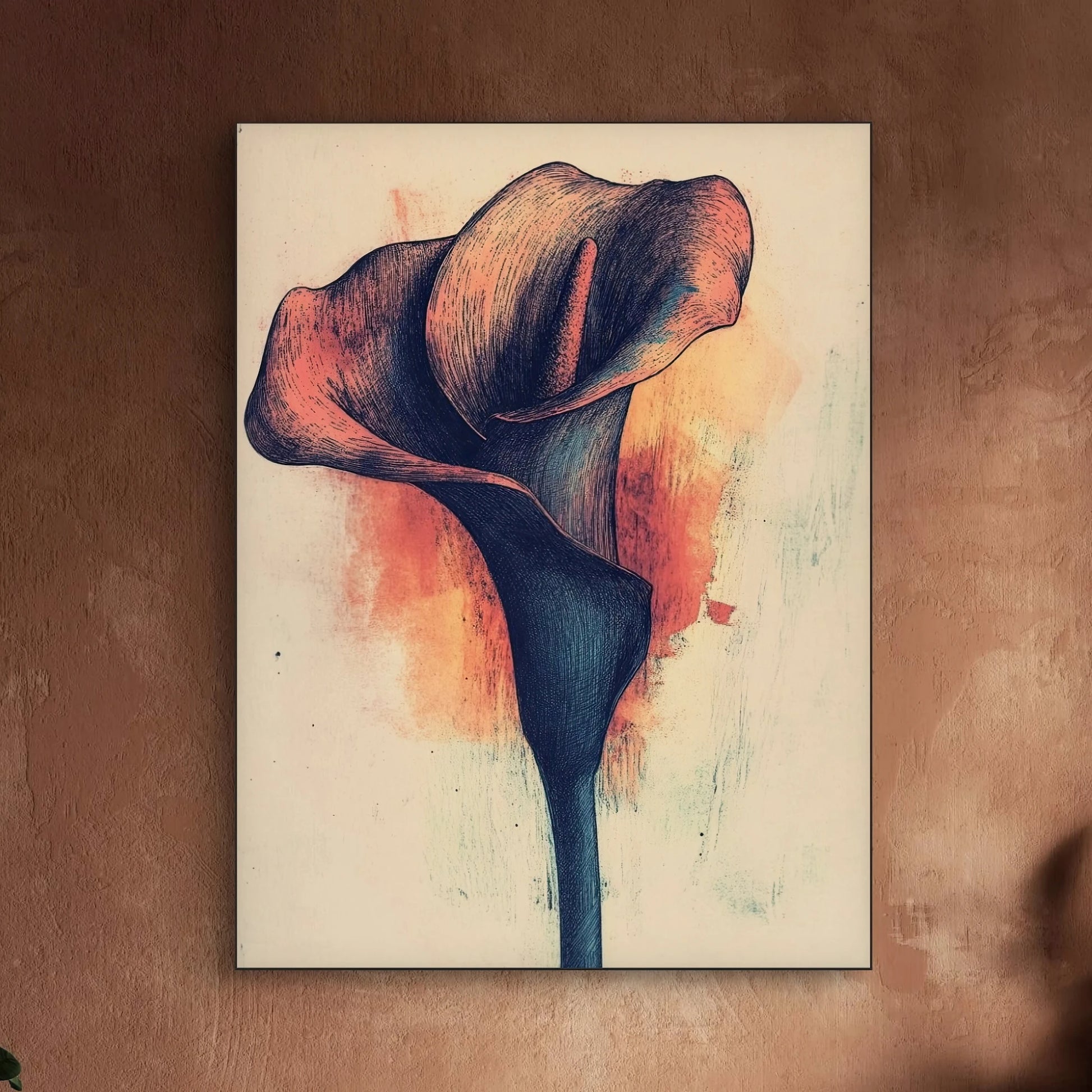 Detail van getekende bloem in donkerblauw met oranje en lichtblauwe achtergrond
