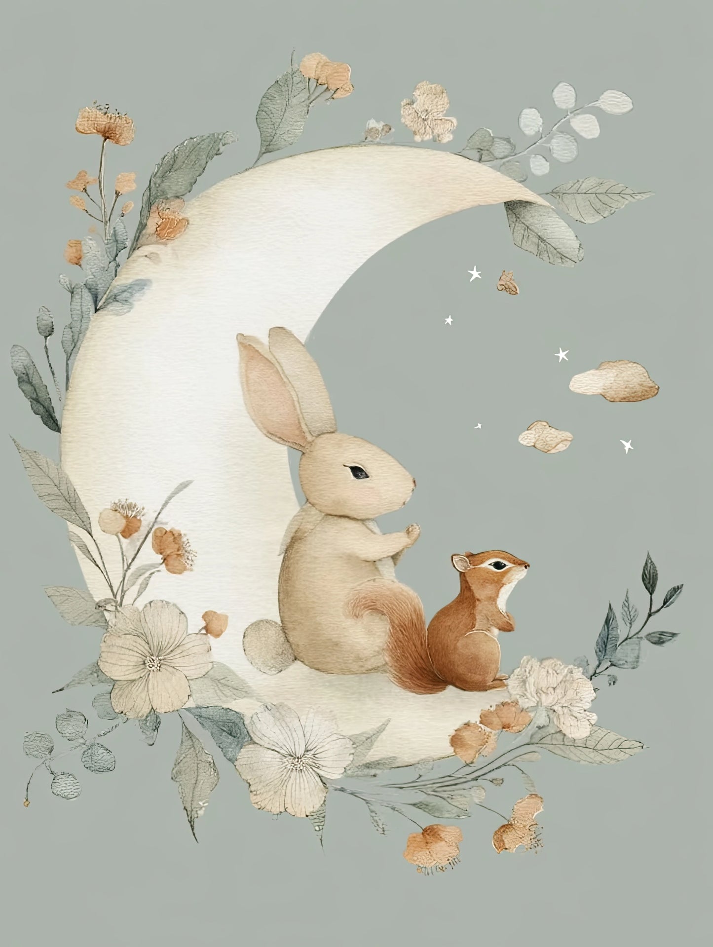 Poëtisch kinderkunstwerk van konijn en eekhoorn op een halve maan met bloemen en sterren
