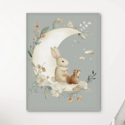Illustratie van konijn en eekhoorn op halve maan, omringd door bloemen op een zachtgroene achtergrond
