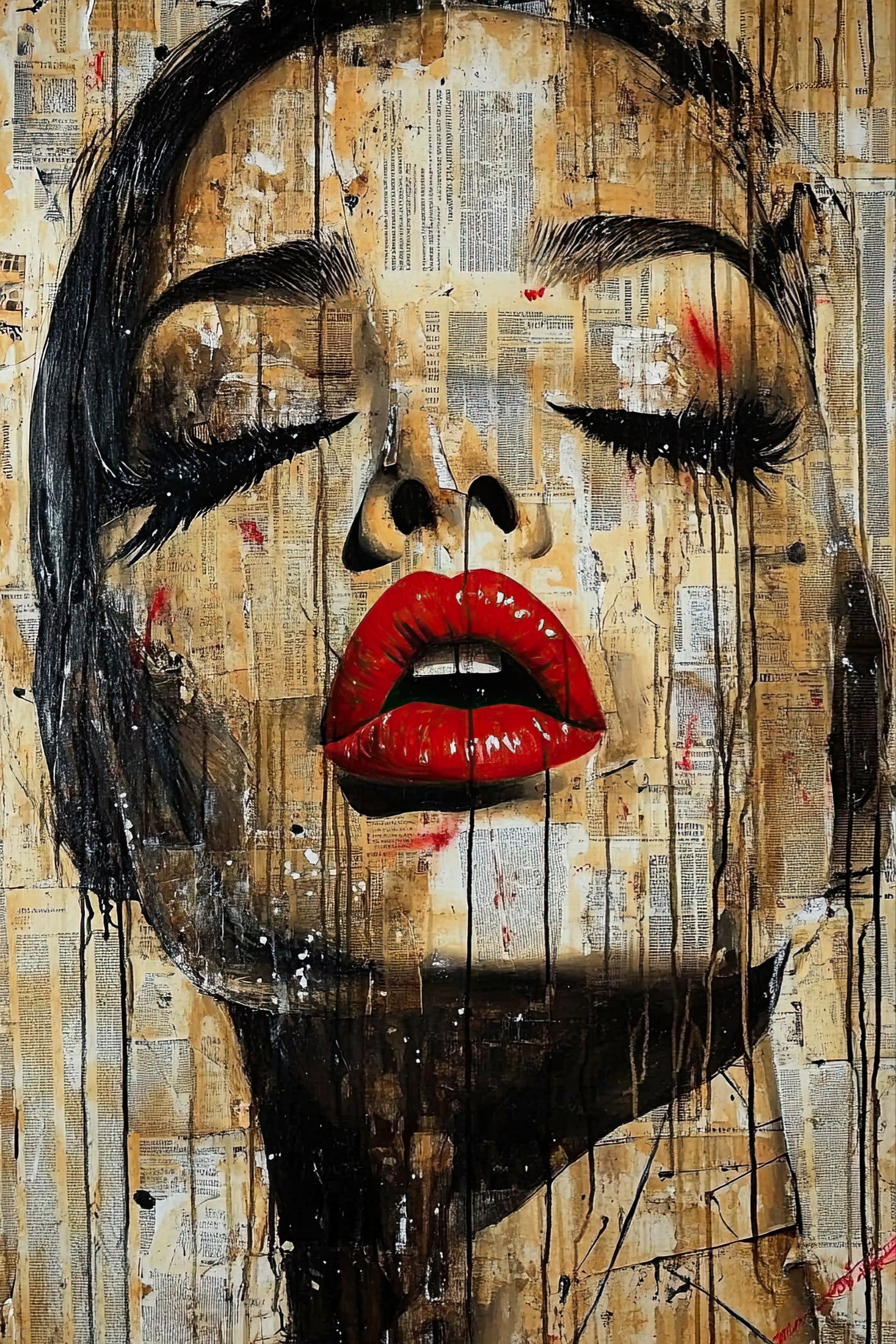 Volledige afbeelding van De Stem van Inkt, vrouwengezicht met gesloten ogen, rode lippen en collagetextuur
