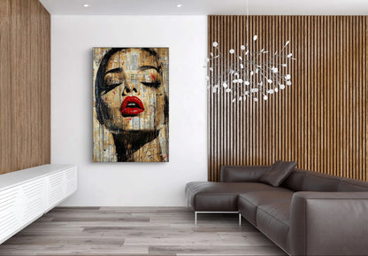 De Stem van Inkt aan de muur boven een hoekbank in een modern interieur met houten lattenwand
