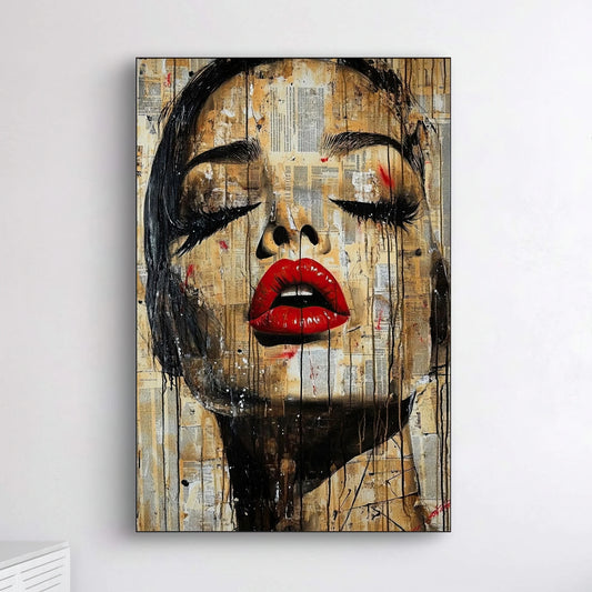 Close-up van expressief vrouwenportret met gesloten ogen en felrode lippen op verouderde achtergrond
