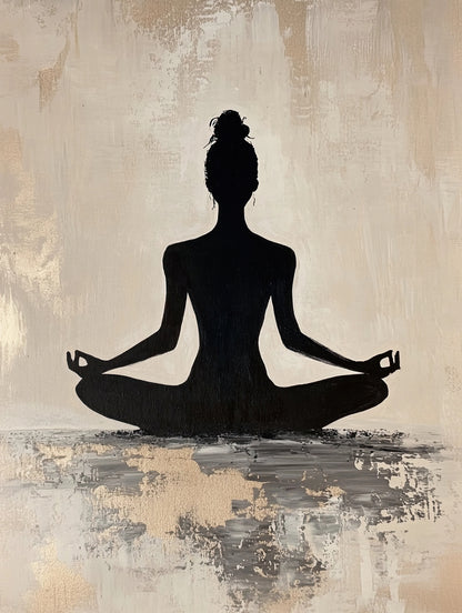 Volledige afbeelding van De Stilte van Binnen, met zittende figuur in meditatiehouding op neutrale achtergrond
