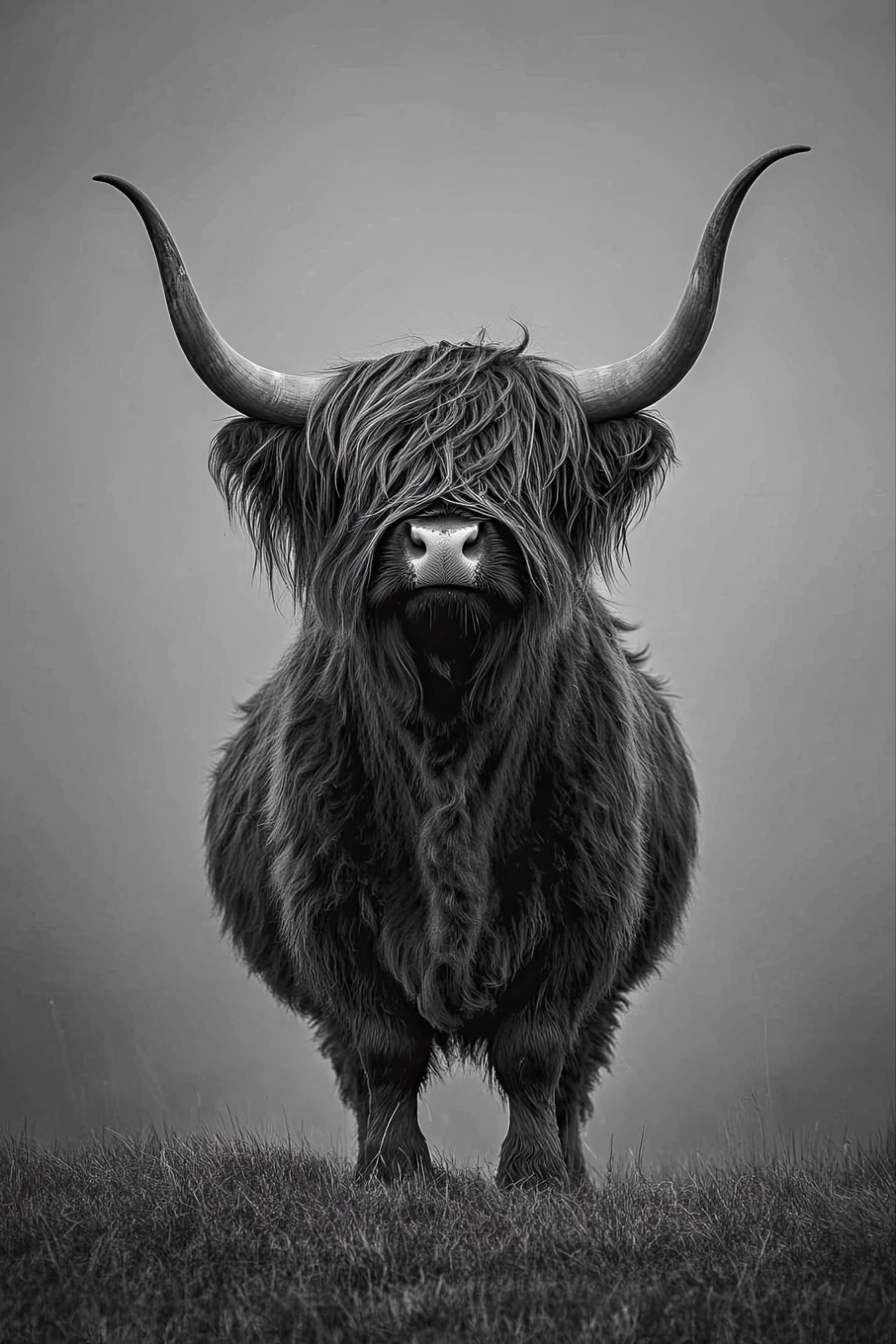 Portret van een zwarte hooglandstier in zwart wit, frontaal met lange vacht en grote hoorns

