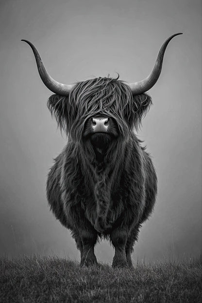 Portret van een zwarte hooglandstier in zwart wit, frontaal met lange vacht en grote hoorns
