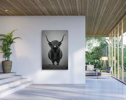 Zwart wit kunstwerk van hooglandstier aan lichtgrijze muur in minimalistisch interieur
