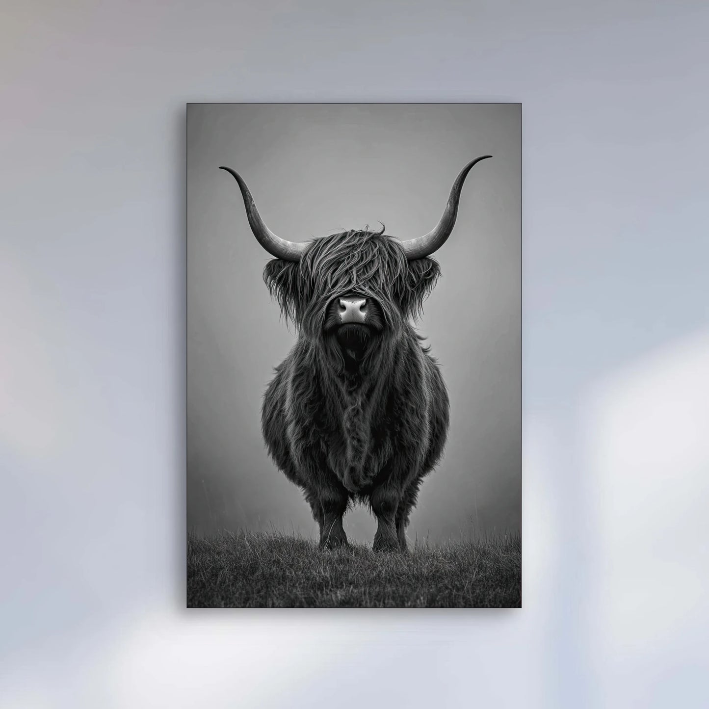 Detail van de hoorns en vacht van een zwarte hooglandstier, in een krachtige monochrome stijl
