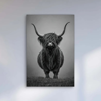 Detail van de hoorns en vacht van een zwarte hooglandstier, in een krachtige monochrome stijl
