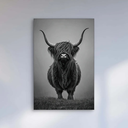 Detail van de hoorns en vacht van een zwarte hooglandstier, in een krachtige monochrome stijl
