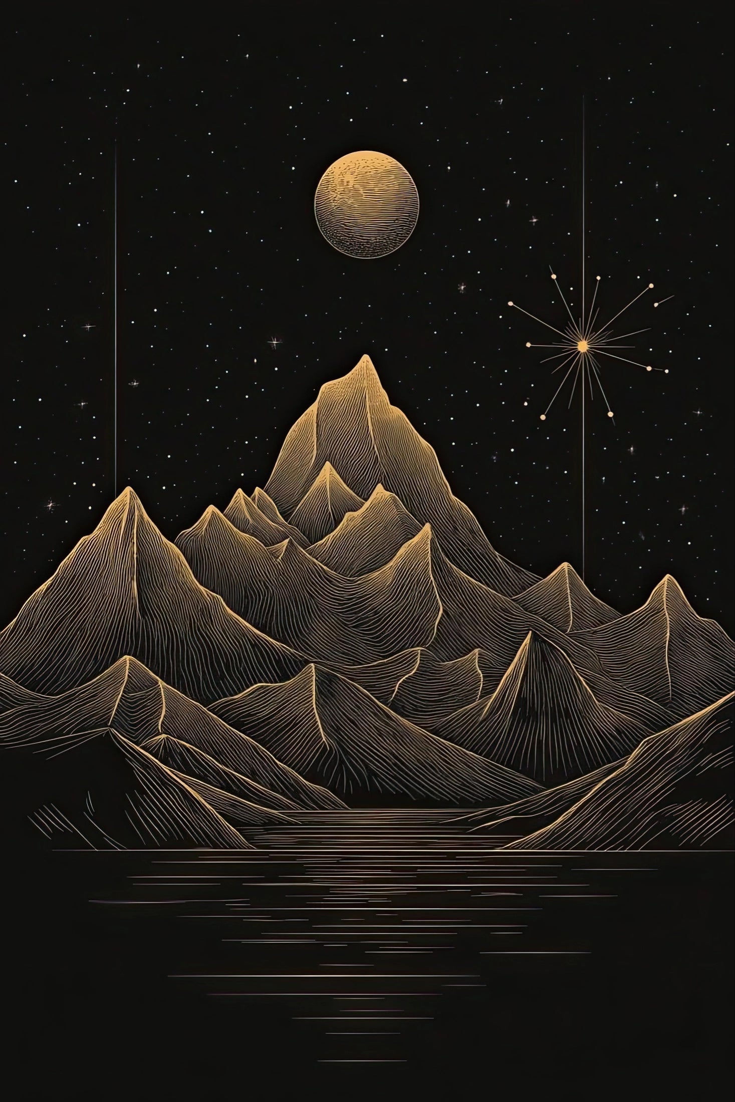 Volledig kunstwerk met berglandschap in goud op zwart, met sterren, maan en reflectie op het water
