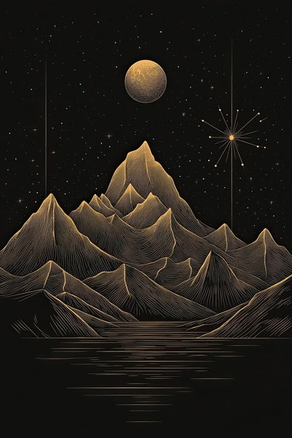 Volledig kunstwerk met berglandschap in goud op zwart, met sterren, maan en reflectie op het water
