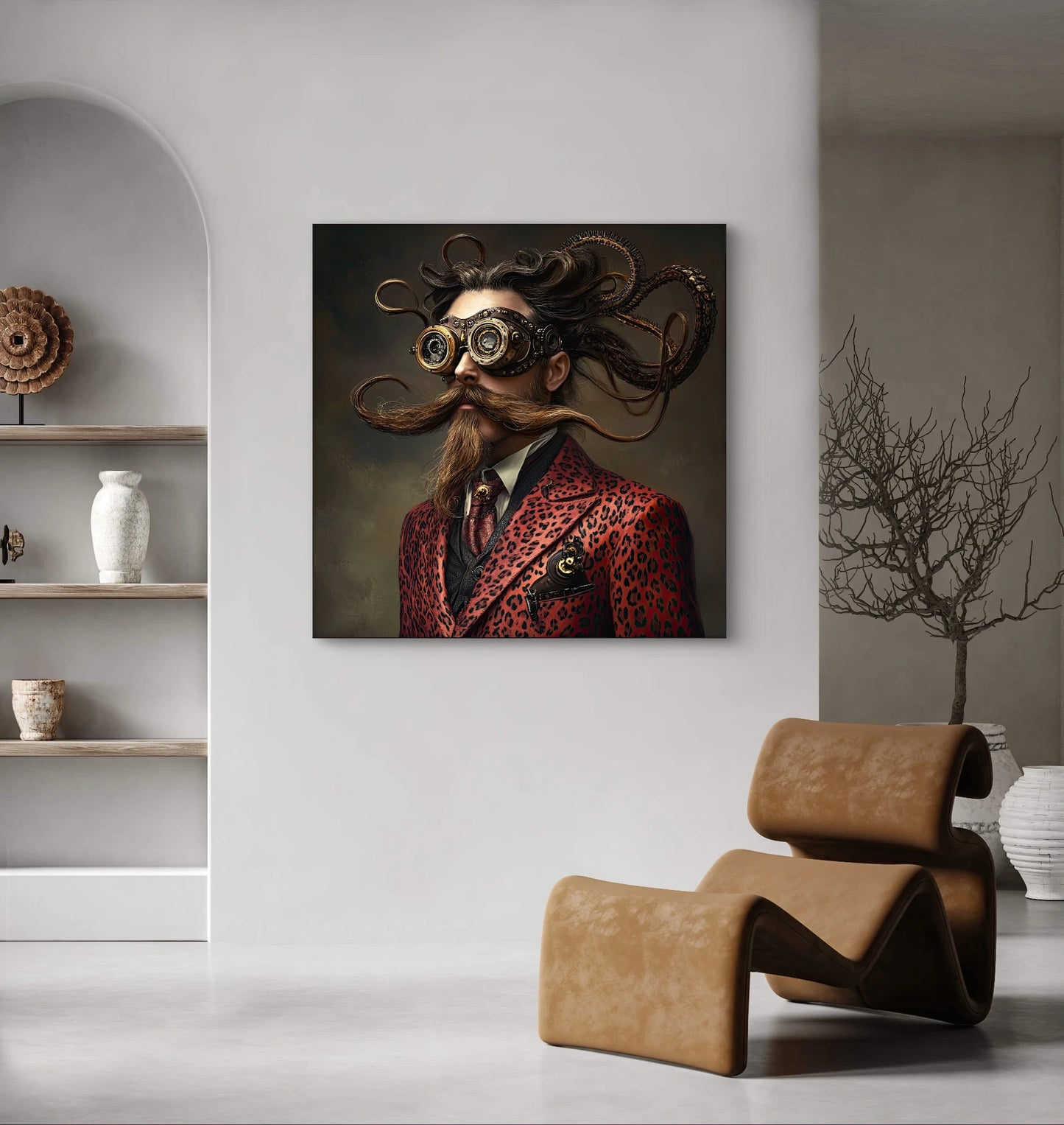 De Tijdreiziger aan de muur boven een designstoel en in een modern interieur met aardetinten
