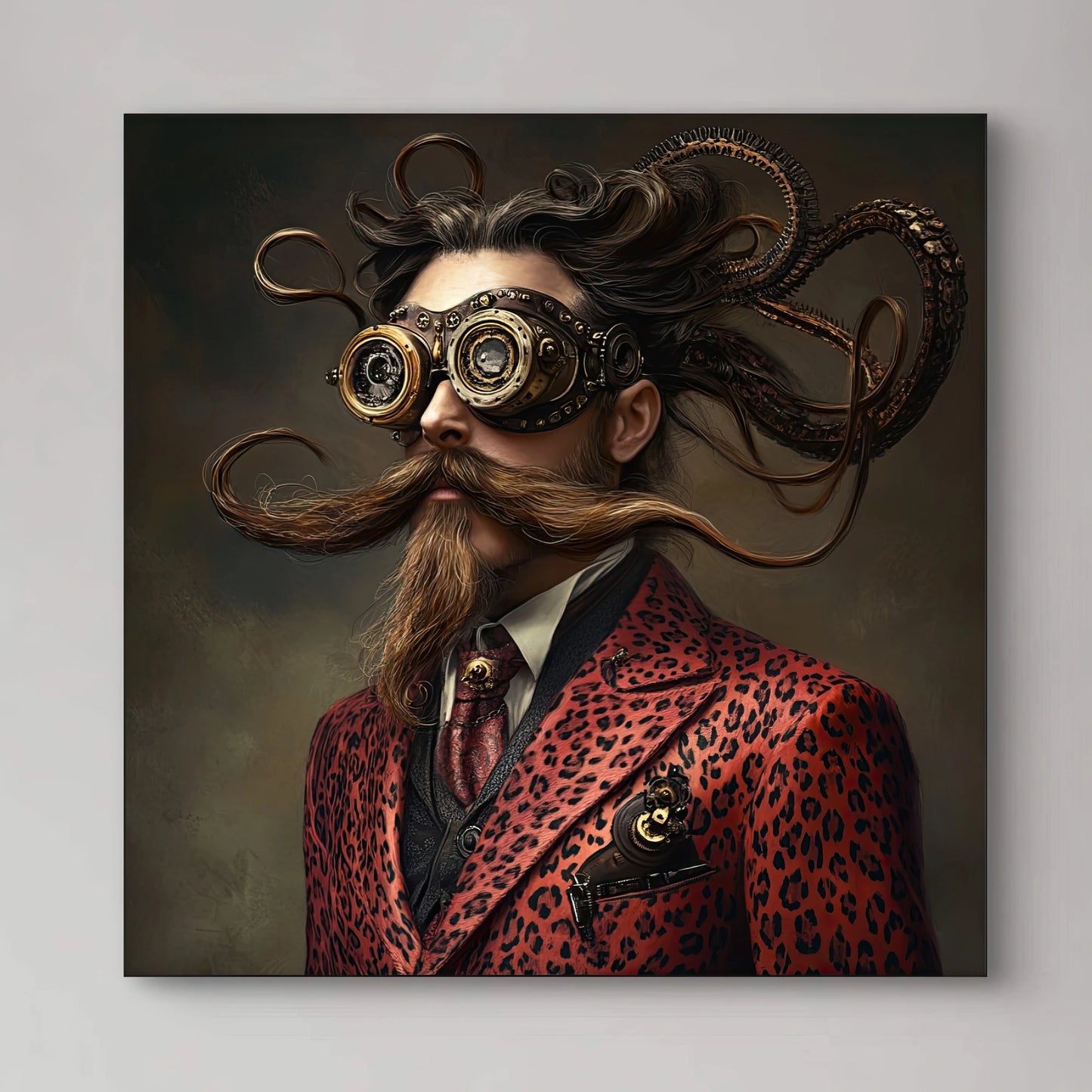 Close-up van het surrealistische gezicht met bril van tandwielen en krullende snor van De Tijdreiziger
