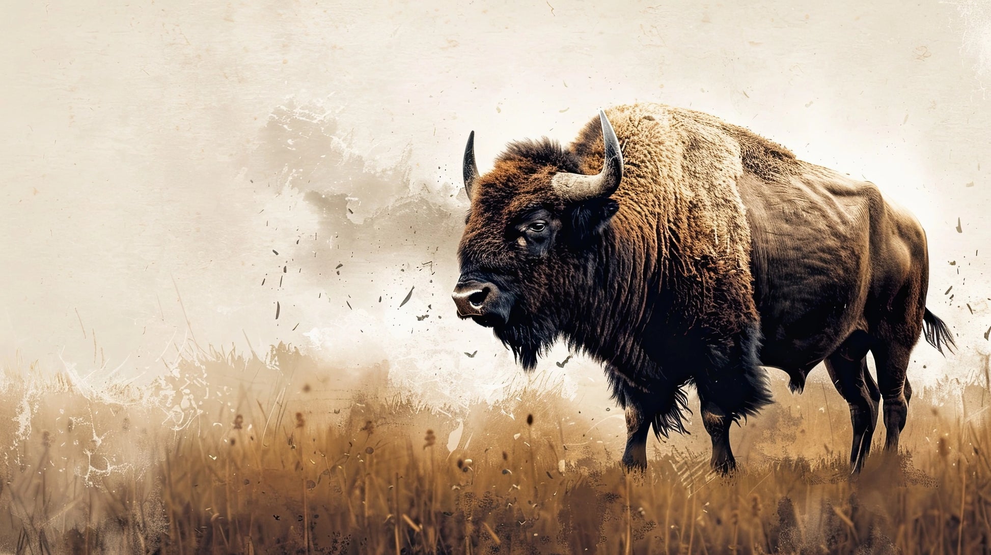 Bizon in een stoffige vlakte met warme beige en bruine tinten in panoramisch formaat
