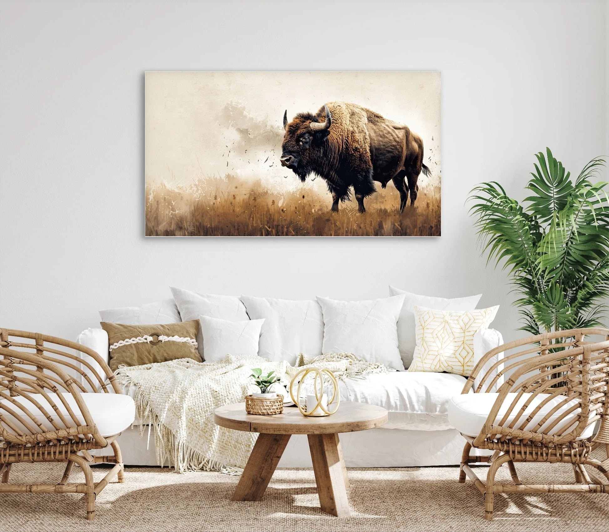 Kunstwerk van een bizon in stoffige vlakte aan witte muur boven lichte rotan bank
