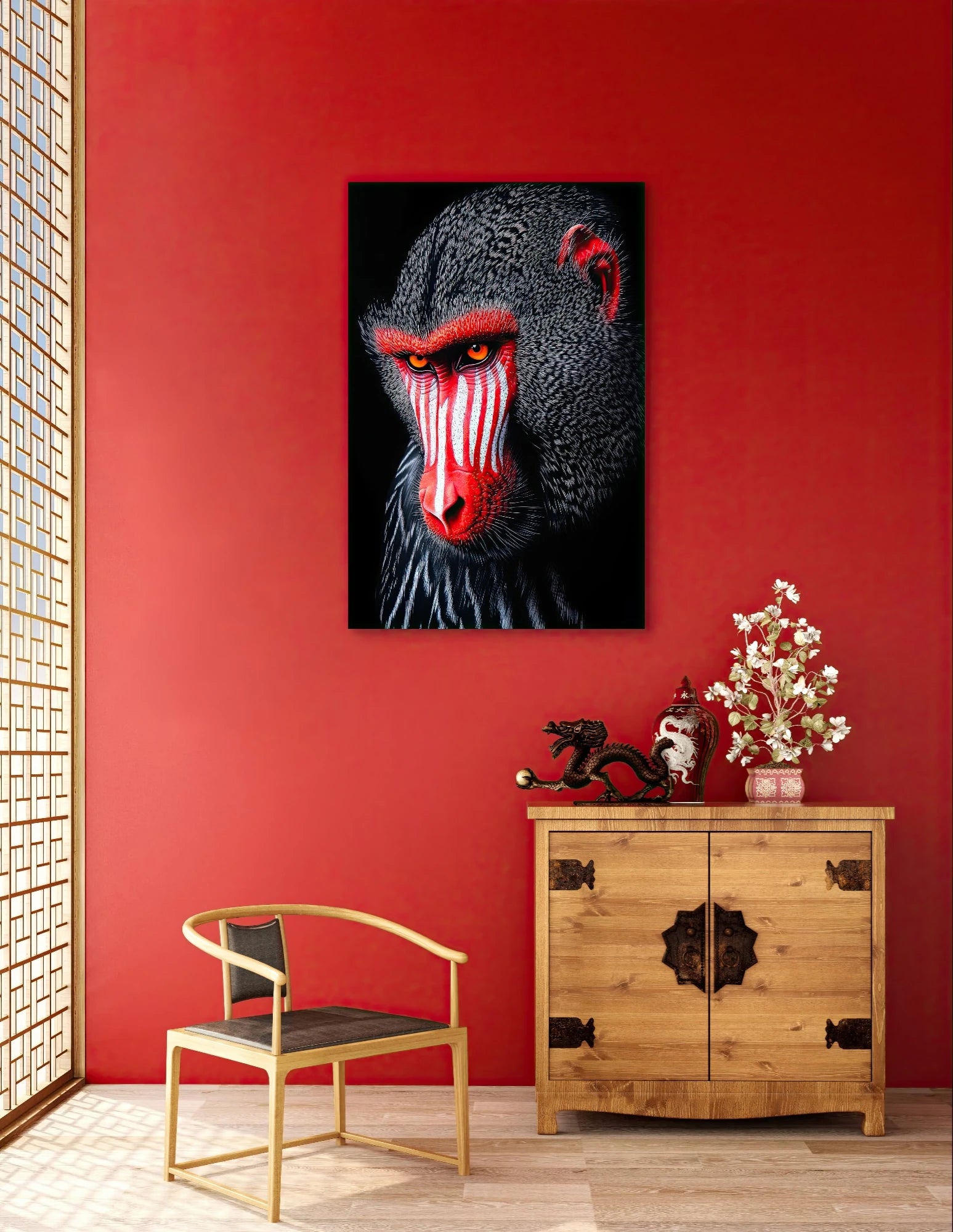 Portret van een kleurrijke mandril aan rode muur boven houten kast met Aziatische decoratie
