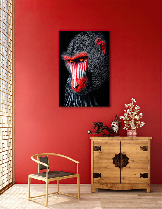 Portret van een kleurrijke mandril aan rode muur boven houten kast met Aziatische decoratie
