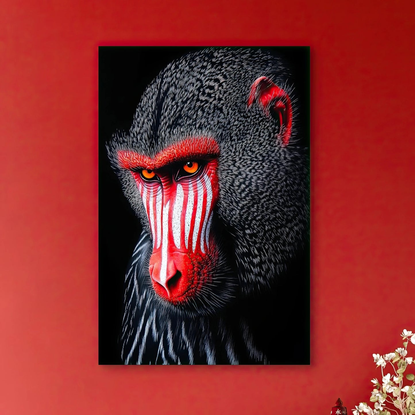 Detail van de mandril met intense rode en witte strepen op de snuit en vurige ogen
