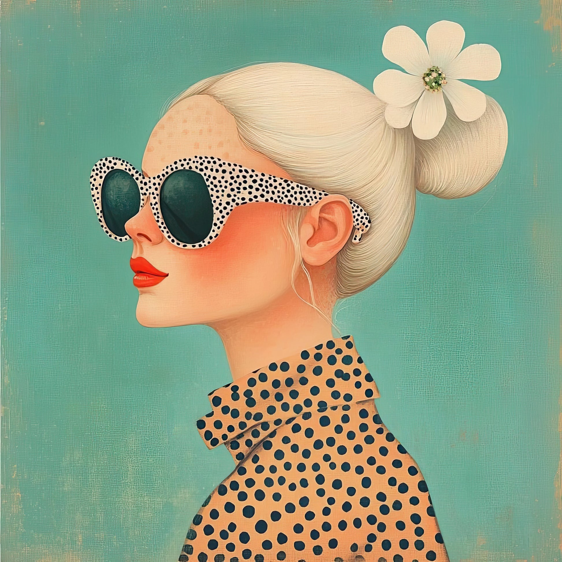 Volledige afbeelding van De Zomer keek in de Spiegel, een kleurrijk portret van een vrouw met opgestoken haar en retro zonnebril
