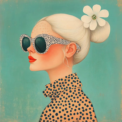 Volledige afbeelding van De Zomer keek in de Spiegel, een kleurrijk portret van een vrouw met opgestoken haar en retro zonnebril
