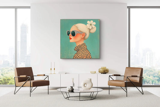 Kunstwerk van een vrouw met stippenzonnebril aan de muur in een modern interieur met leren stoelen en neutrale tinten
