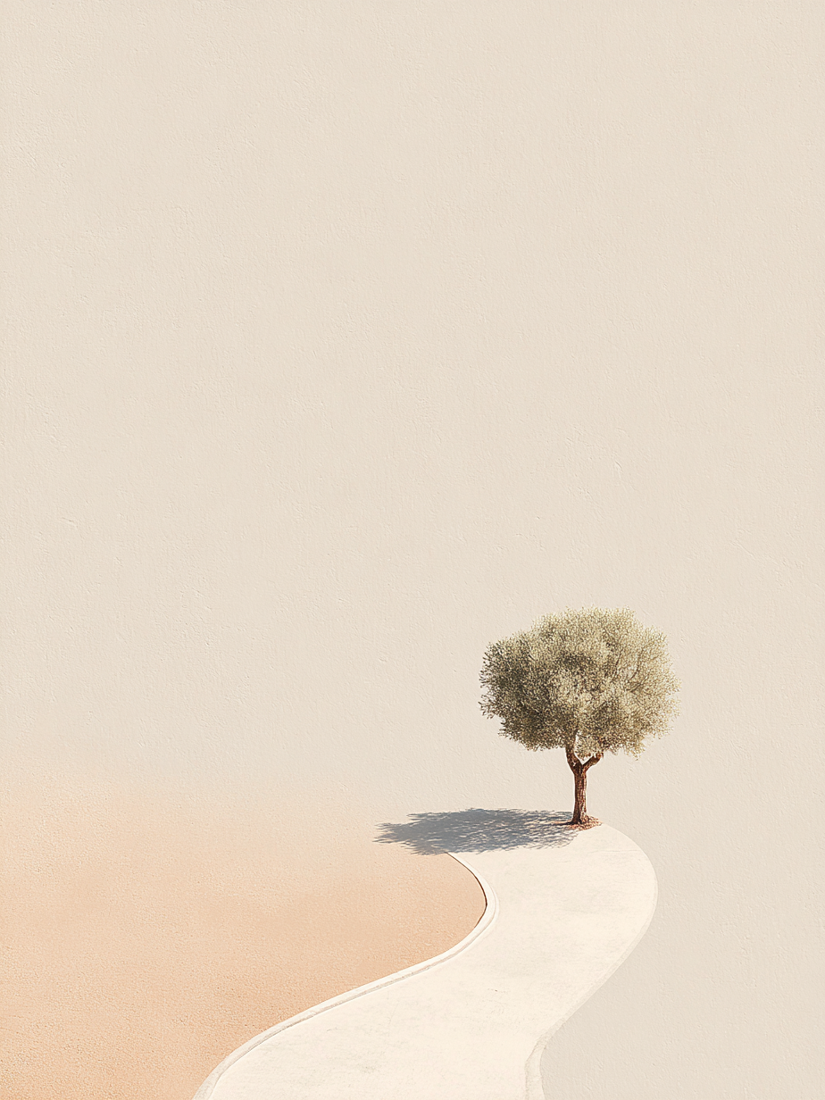 Minimalistisch kunstwerk De Weg Alleen met boom en zachte zandtinten in een kalme compositie.
