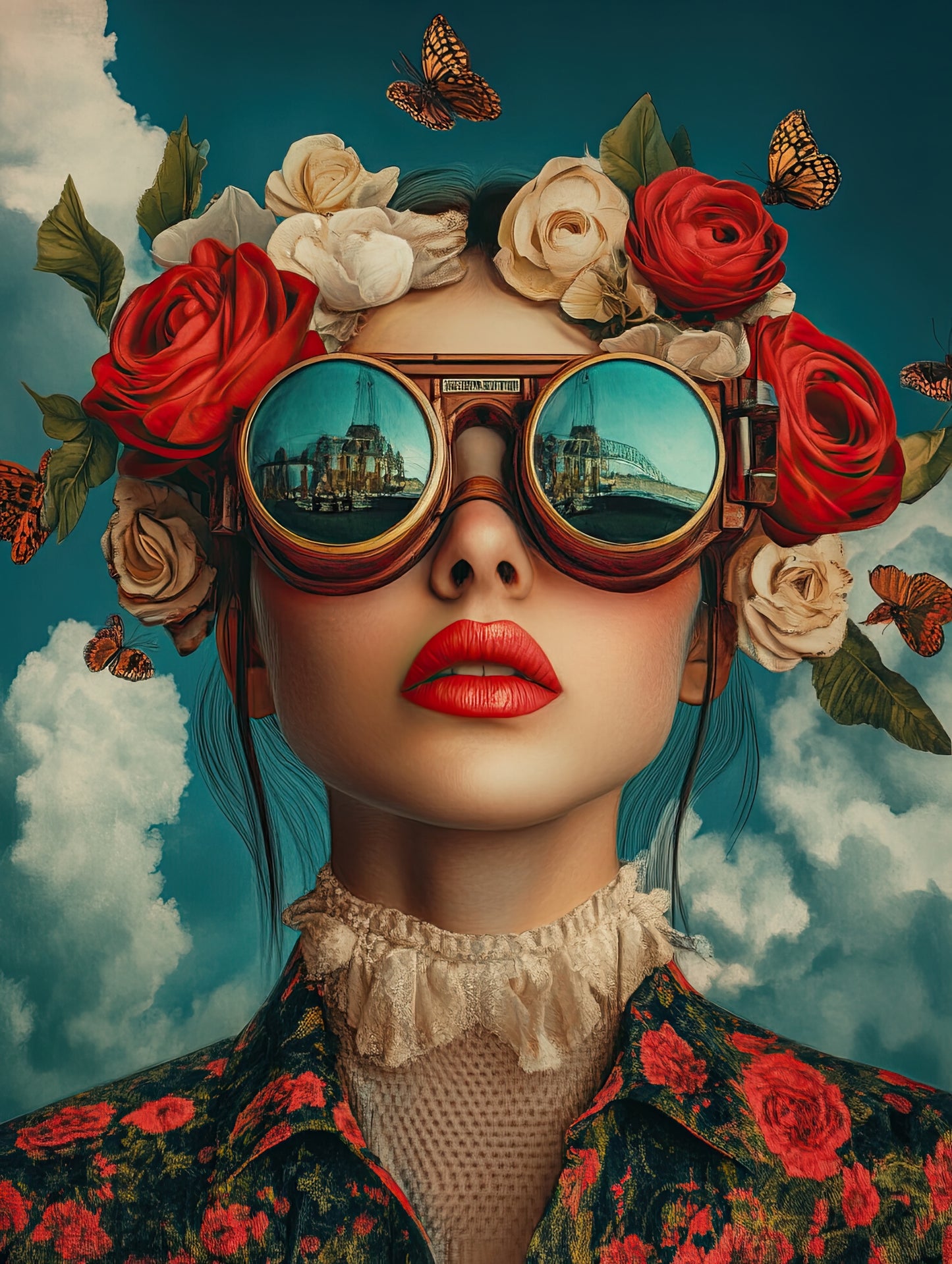 Volledige afbeelding van De Kijker van Rozen, surrealistisch portret met bloemen, vlinders en reflectie
