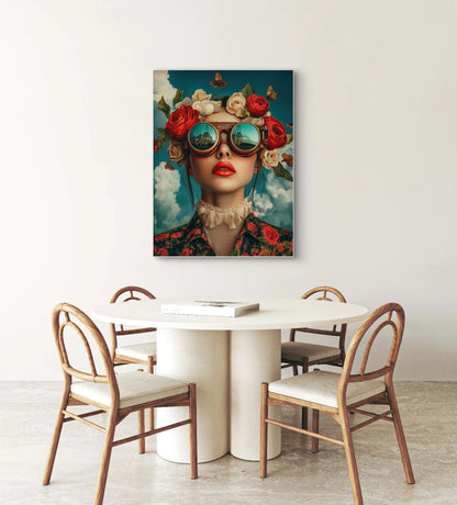 De Kijker van Rozen aan de muur boven een ronde tafel met houten stoelen in een minimalistisch interieur
