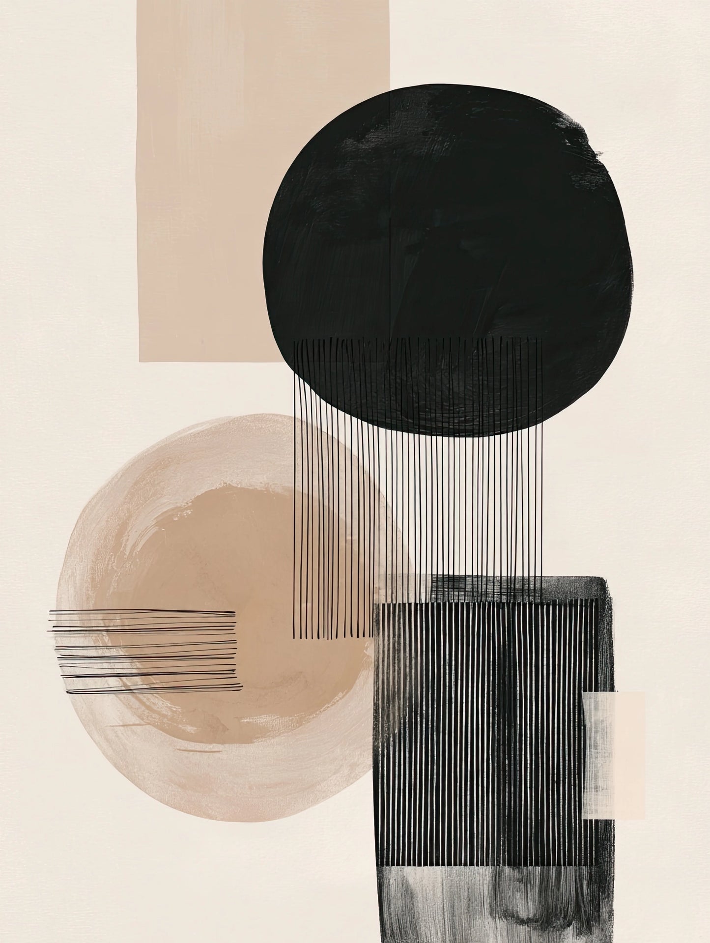 Volledig abstract kunstwerk met geometrische vormen en ingetogen kleuren op textiel
