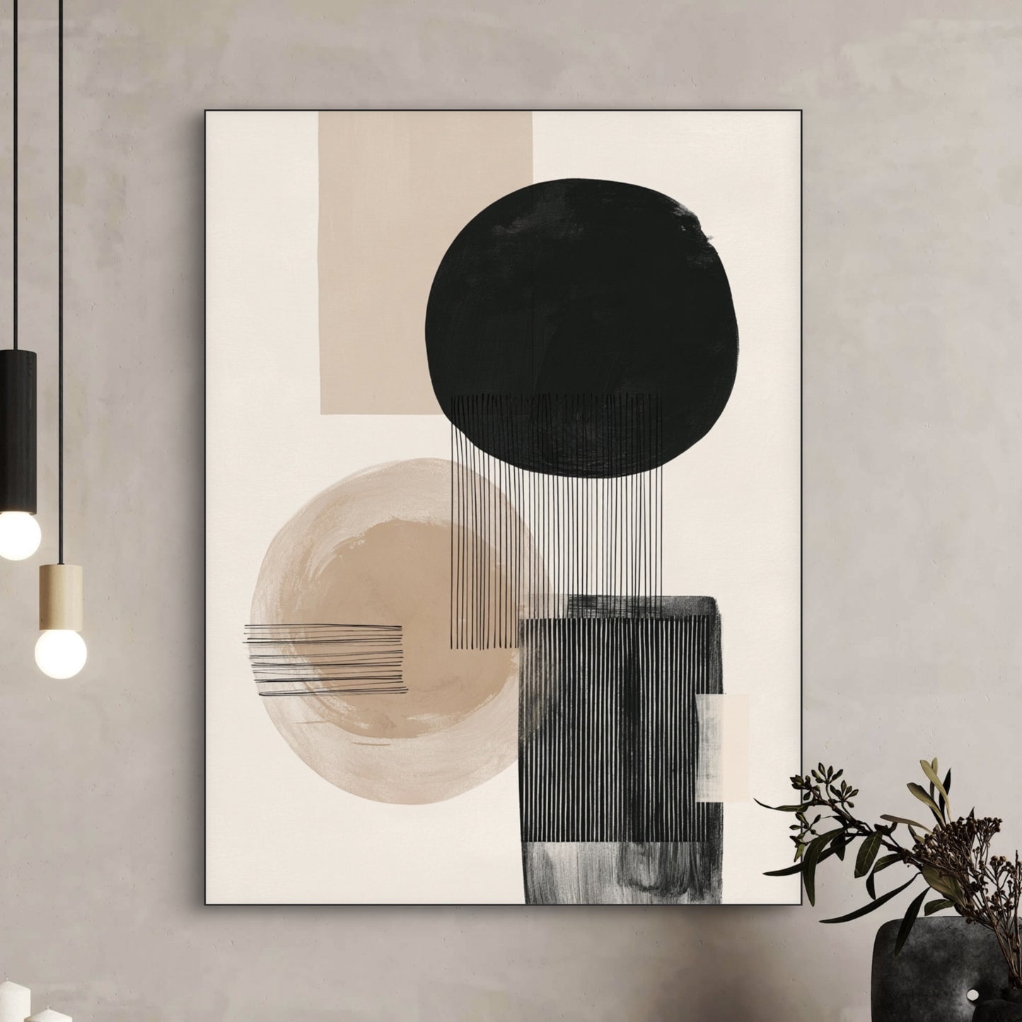 Detail van textielkunstwerk met cirkels, rechthoeken en fijne lijnen in zwart en zandkleur
