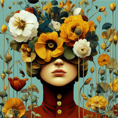 Volledige weergave van De Verborgen Tuin, kleurrijk portret met bloemen, gesloten ogen en dromerige sfeer
