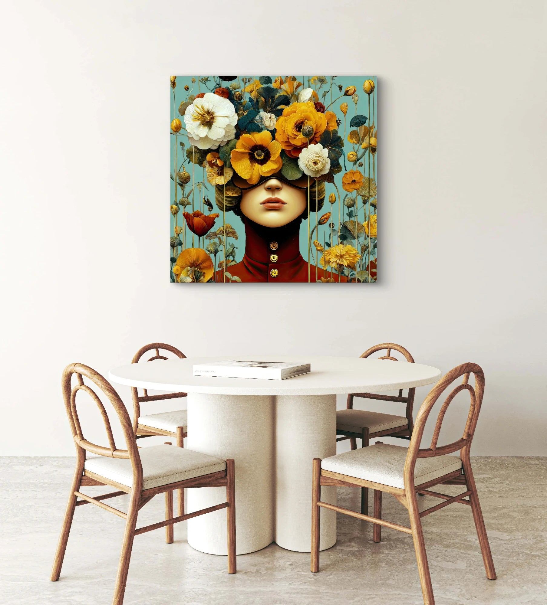 Textielkunstwerk De Verborgen Tuin boven een ronde witte eettafel met houten stoelen in een licht interieur
