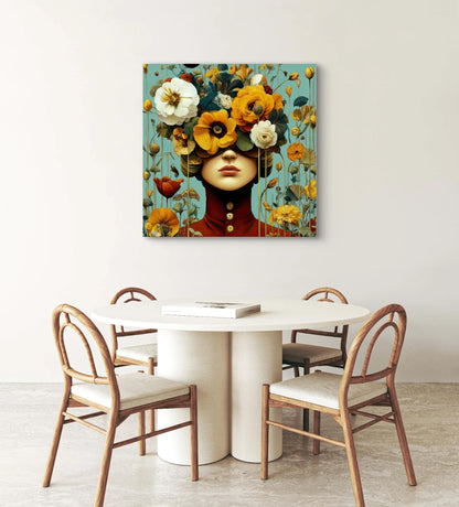 Textielkunstwerk De Verborgen Tuin boven een ronde witte eettafel met houten stoelen in een licht interieur
