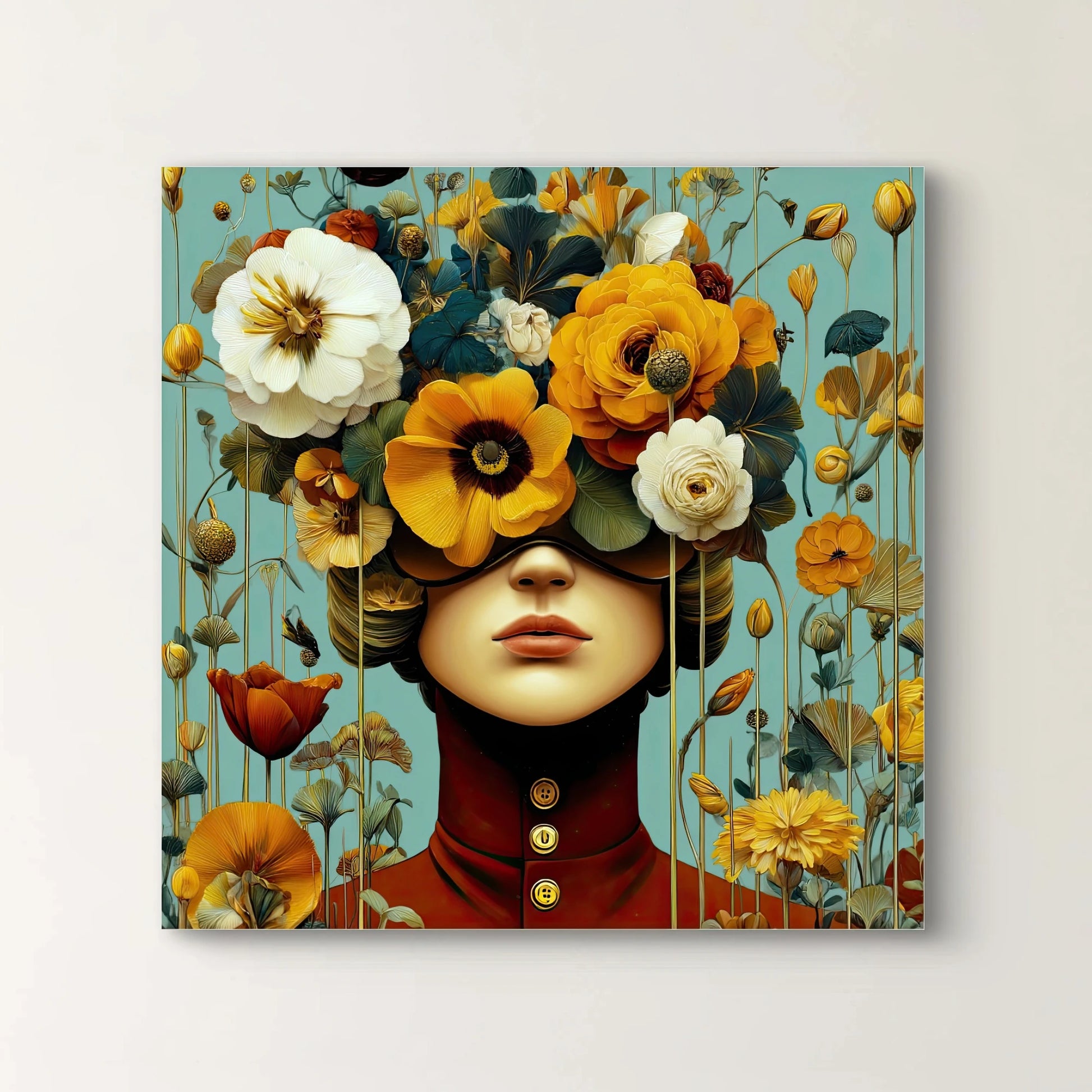 Detail van De Verborgen Tuin met vrouw in rode kraag, ogen gesloten, en grote bloemenkroon in warme tinten
