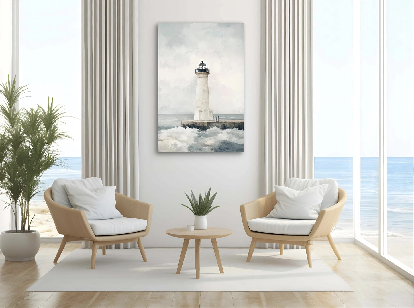 Textielkunstwerk met vuurtoren aan zee in neutrale tinten, hangend boven twee houten stoelen in een lichte ruimte met zeezicht
