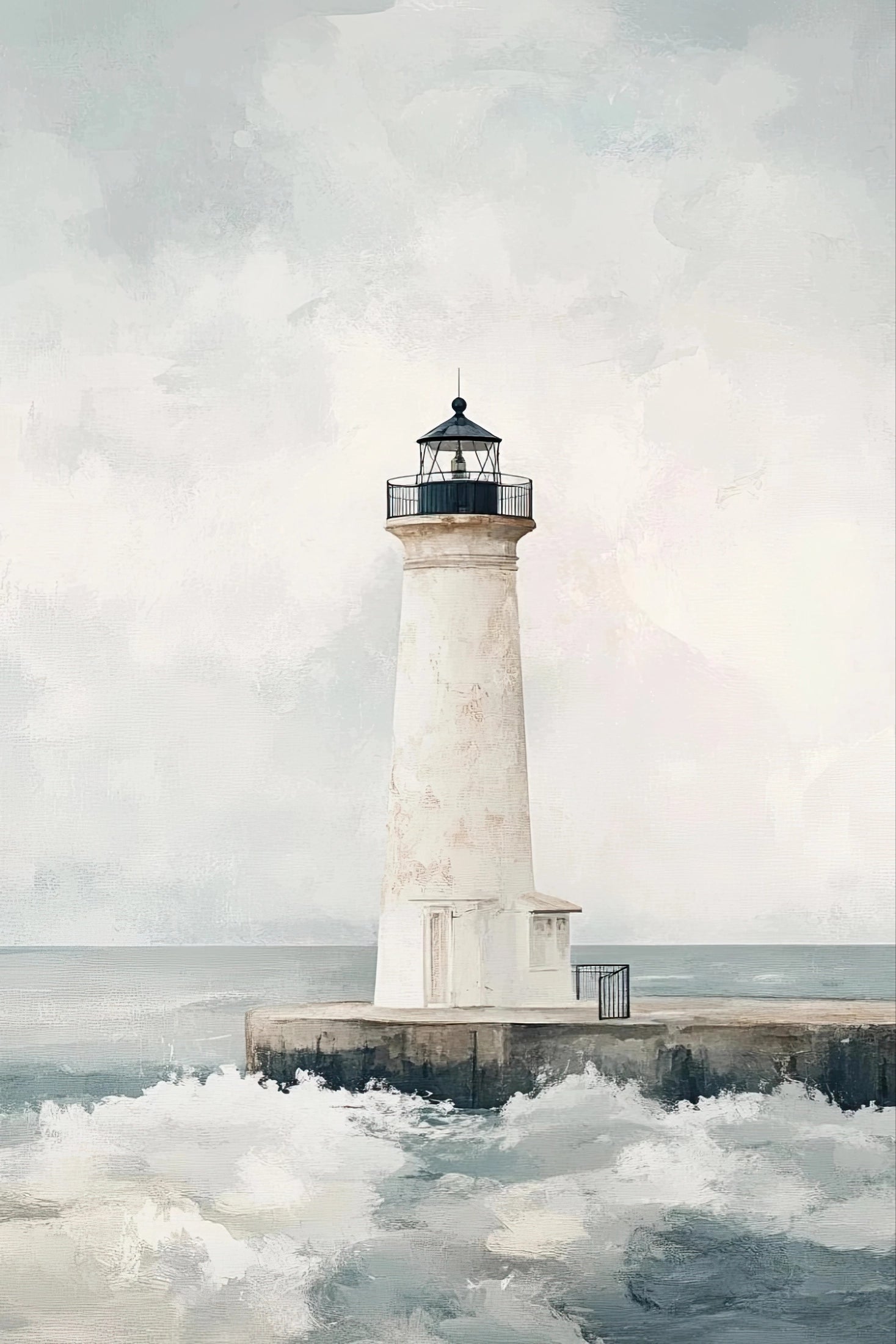 Volledig kunstwerk met vuurtoren aan zee, geschilderd in rustige kleuren en lichte penseelstreken
