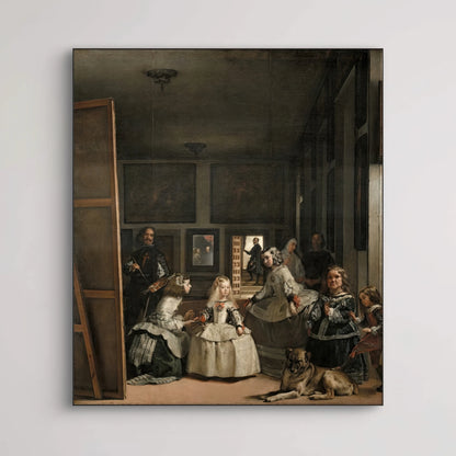Detail van “Las Meninas” met infanta Margarita, haar hofhouding en spiegel met koninklijk paar
