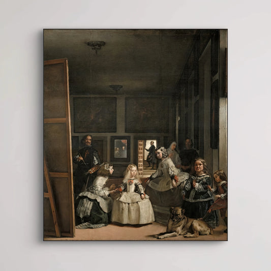 Detail van “Las Meninas” met infanta Margarita, haar hofhouding en spiegel met koninklijk paar
