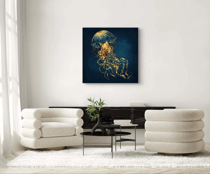 Mock-up van Diepglans aan de muur boven een zwarte kast tussen twee witte fauteuils  
