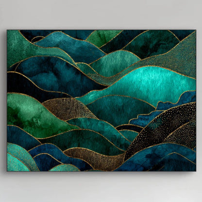 Detail van abstract schilderij met golvende vormen in smaragdgroen, turquoise en goud
