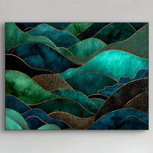 Detail van abstract schilderij met golvende vormen in smaragdgroen, turquoise en goud
