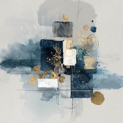 Abstract schilderij in blauw, wit en goud tinten met geometrische vormen en serene uitstraling
