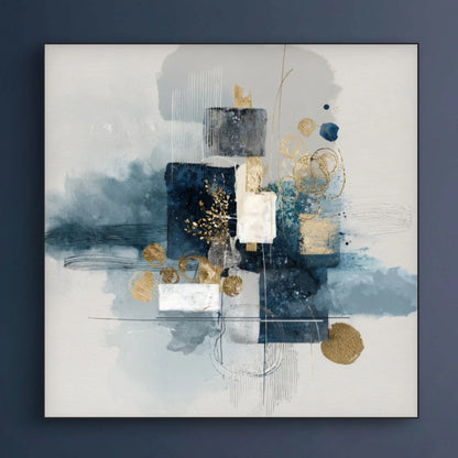 Detail van penseelstreken in donkerblauw en goud met subtiele textuur en glans
