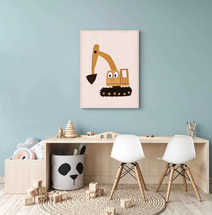 Kinderkamer met vrolijk graafmachine kunstwerk aan de muur boven houten speeltafel en stoeltjes
