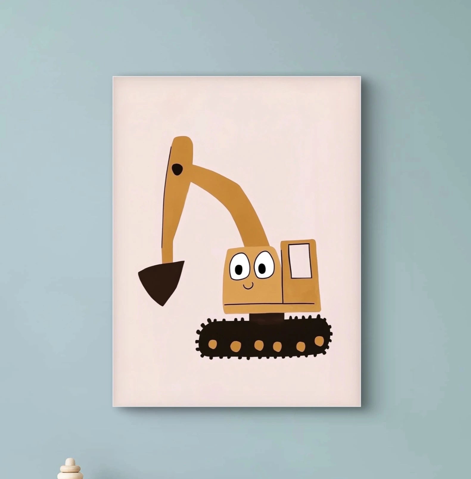 Illustratie van gele graafmachine met vrolijk gezicht op roze achtergrond
