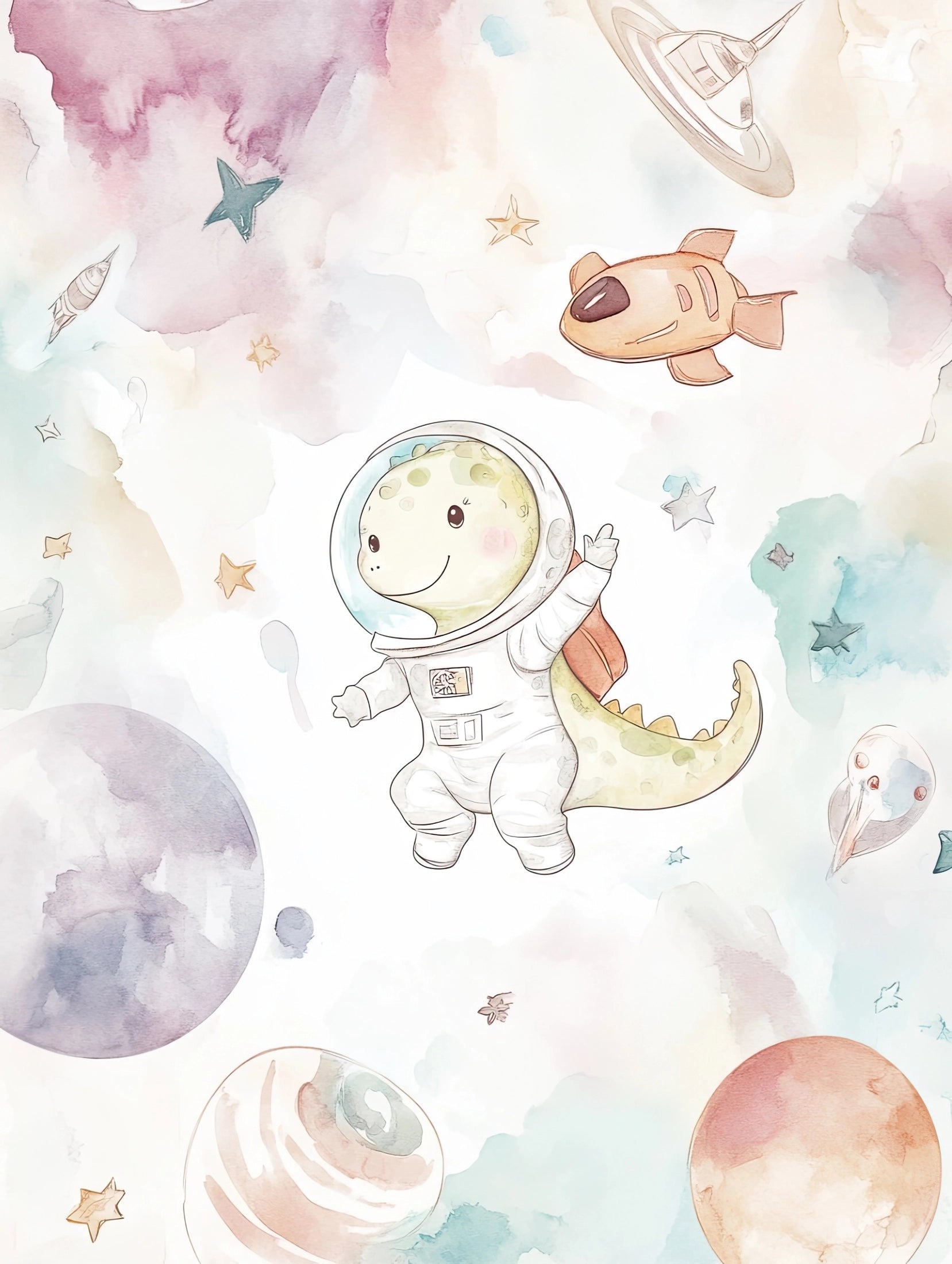 Vrolijk kinderkunstwerk met dino astronaut tussen pastelkleurige planeten en ruimteschepen
