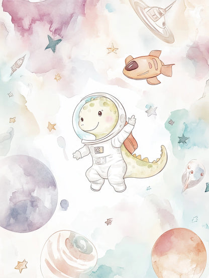 Vrolijk kinderkunstwerk met dino astronaut tussen pastelkleurige planeten en ruimteschepen
