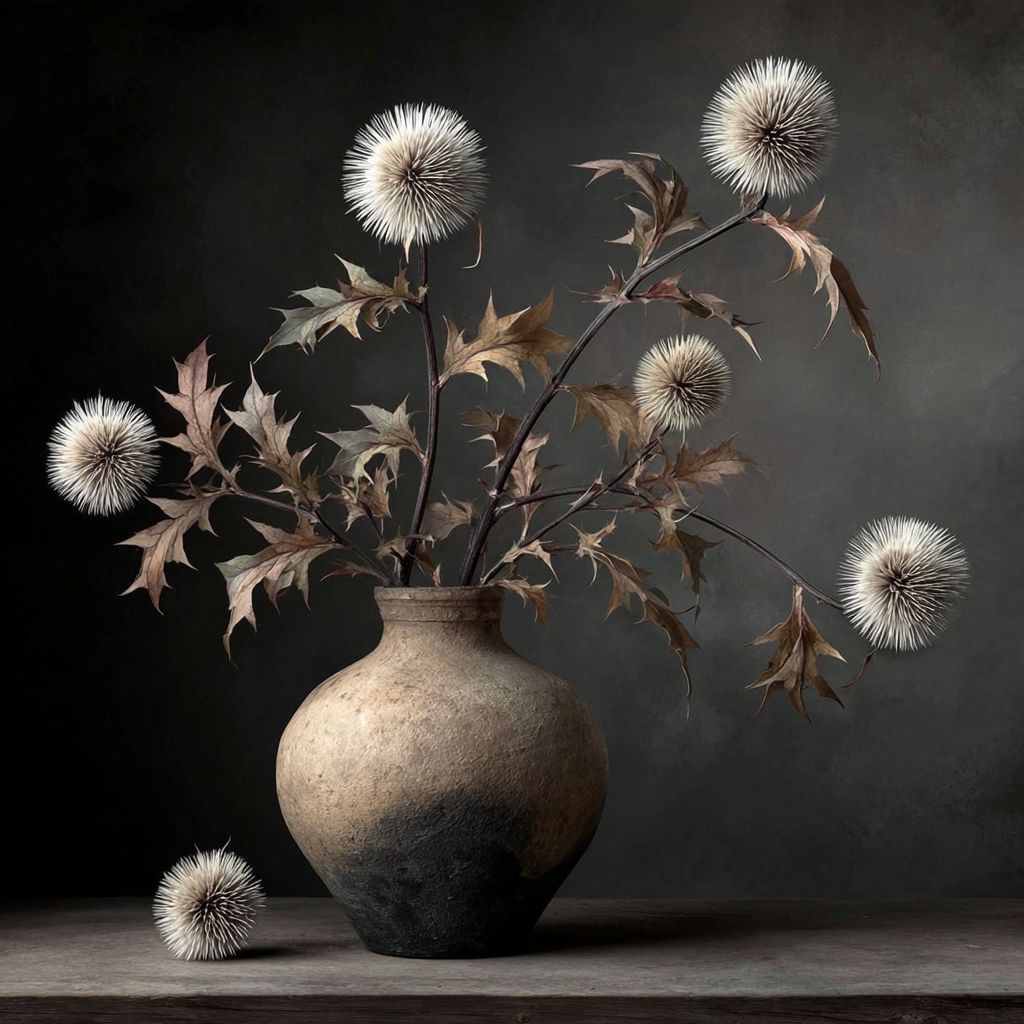 Volledig kunstwerk Doornzang met stilleven van kruik en distelbloemen in aardse tinten 
