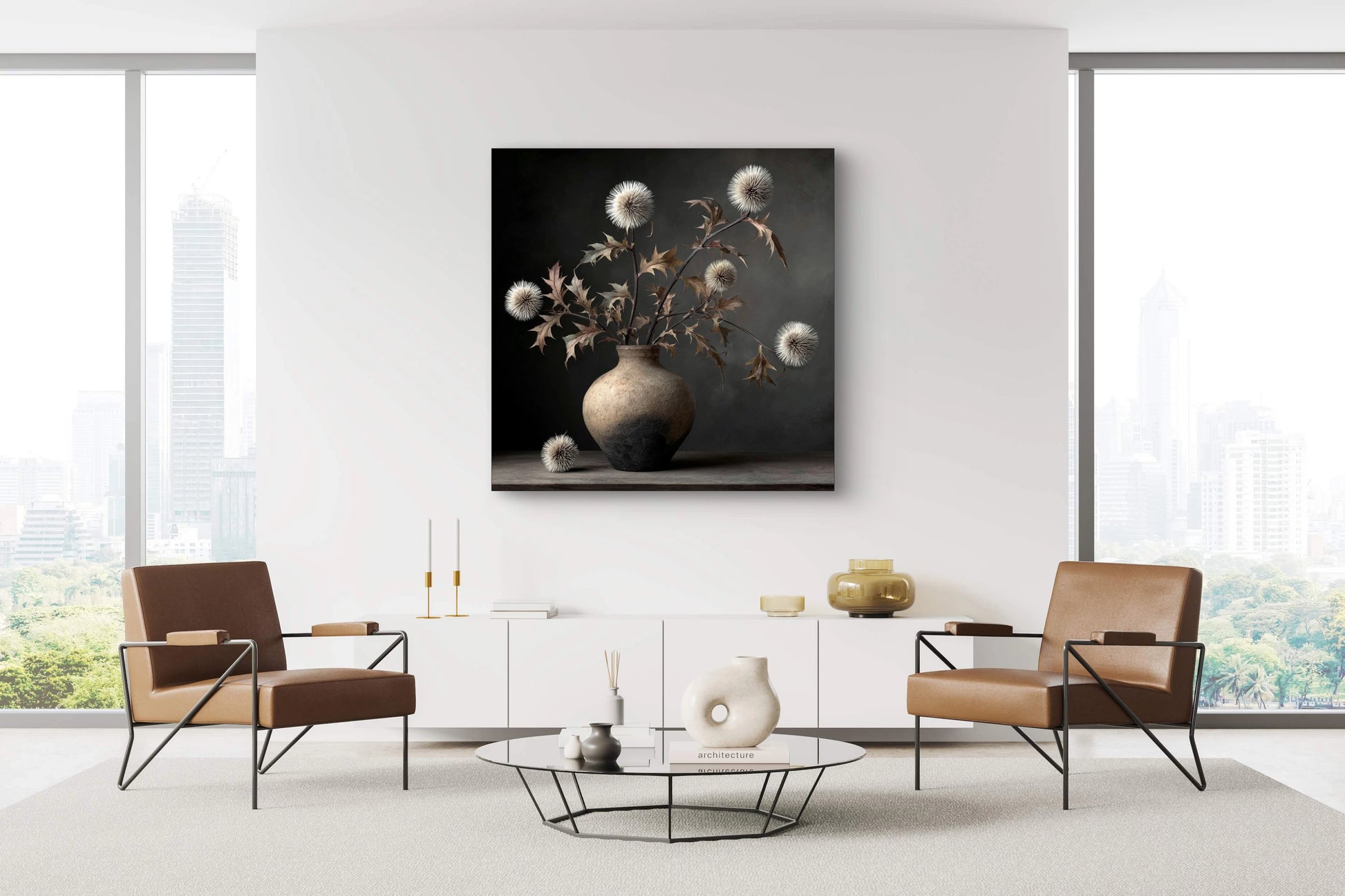 Mock-up van kunstwerk Doornzang aan de muur in modern interieur met leren stoelen 
