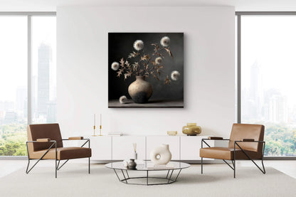 Mock-up van kunstwerk Doornzang aan de muur in modern interieur met leren stoelen 
